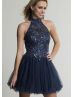 Navy Blue Tulle Beaded High Neck Backless Knee Length Prom Dress Navy Blue Tulle Beaded High Neck Backless Knee Length Prom Dress